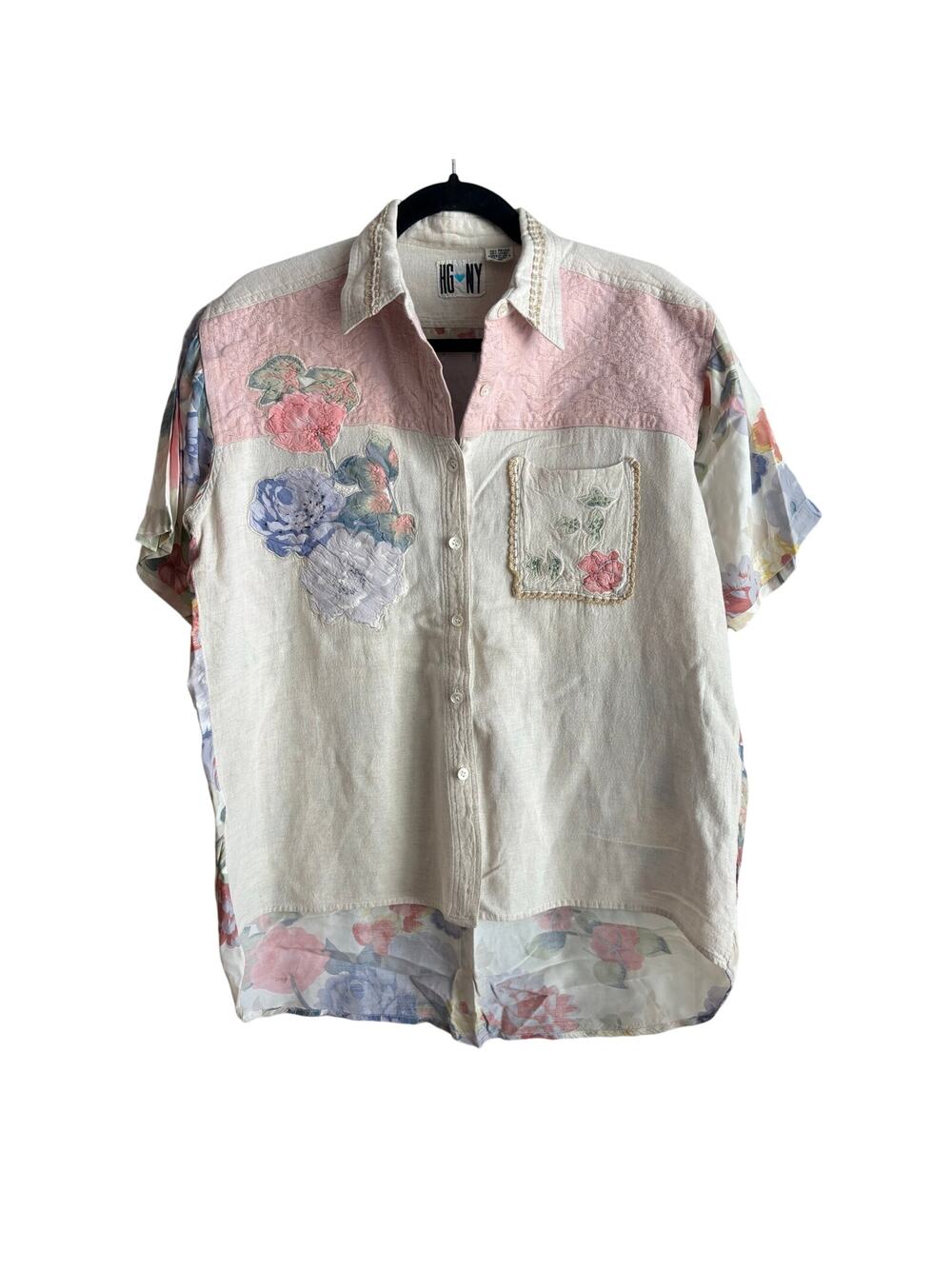 Vintage HG NY Boho Floral Mix Media Button Down Top Size Medium